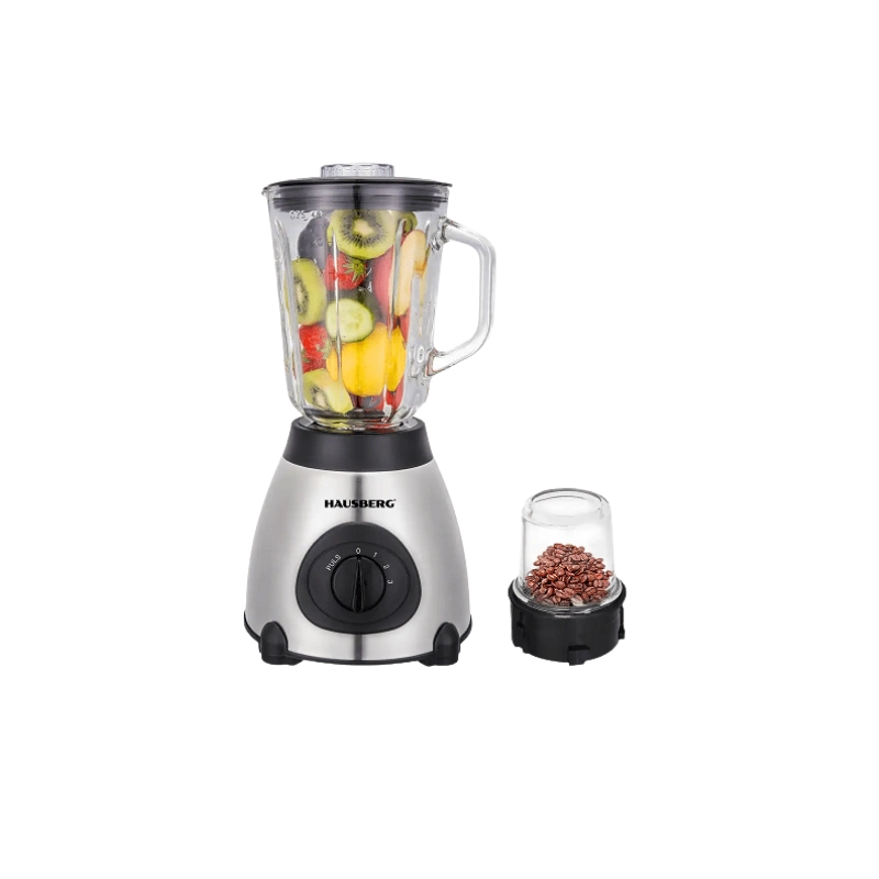 Hausberg HB-7762 Blender avec Moulin 600W – Bol Verre 1.5L, 3 Vitesses, Lames Inox et Corps Inox