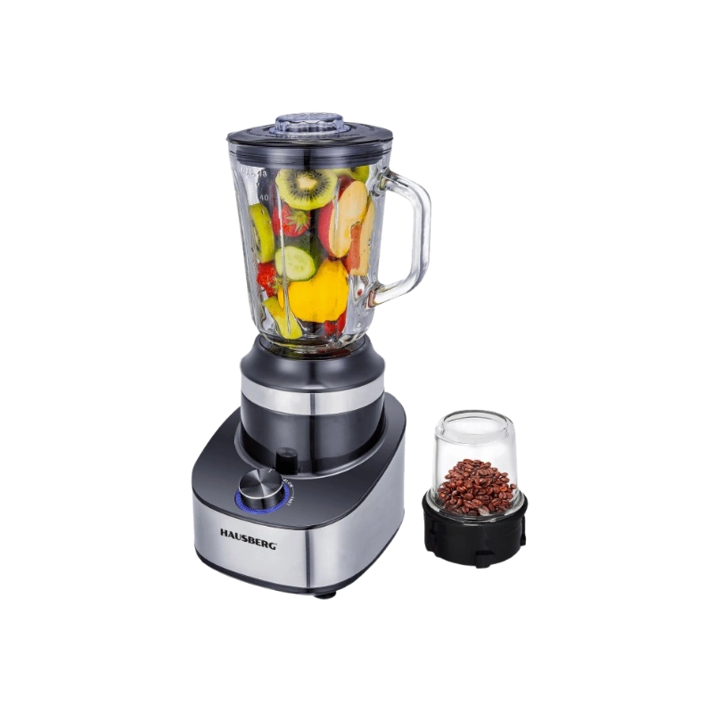 Hausberg HB-7765 Blender Électrique 500W – Bol Verre 1.5L, Corps Inox, Lames Inox et Moulin à Café Intégré