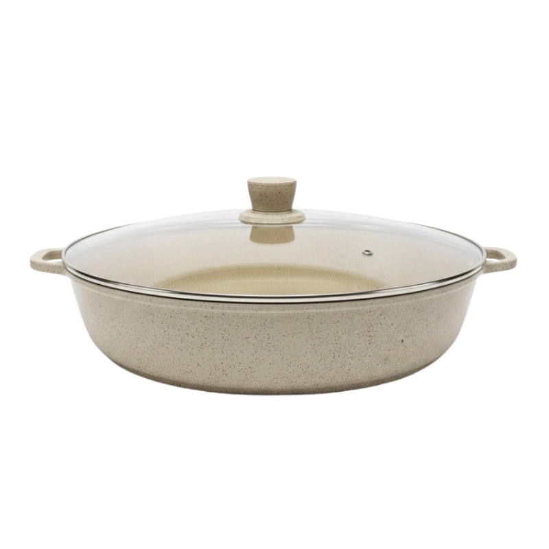 TATCH SP4080 – Poêle à Paella 40 cm Granit Beige avec Couvercle en Verre Trempé