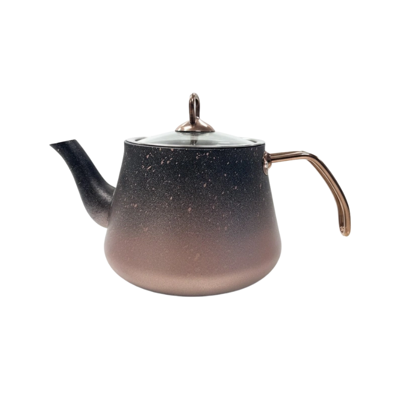 TATCH TEA_POT_1.75 – Théière Granit 1,75 L Noir et Cuivre avec Couvercle en Verre Trempé