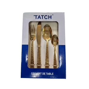 TATCH BC3383G – Set de Couverts de Table Dorés 4 Pièces en Acier Inoxydable Gravé