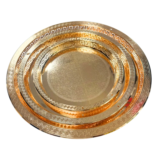 SAHARA 6604-AXL/3FG/MH-97/A – Ensemble de 3 Plateaux Dorés en Métal Gravé, Élégants et Durables