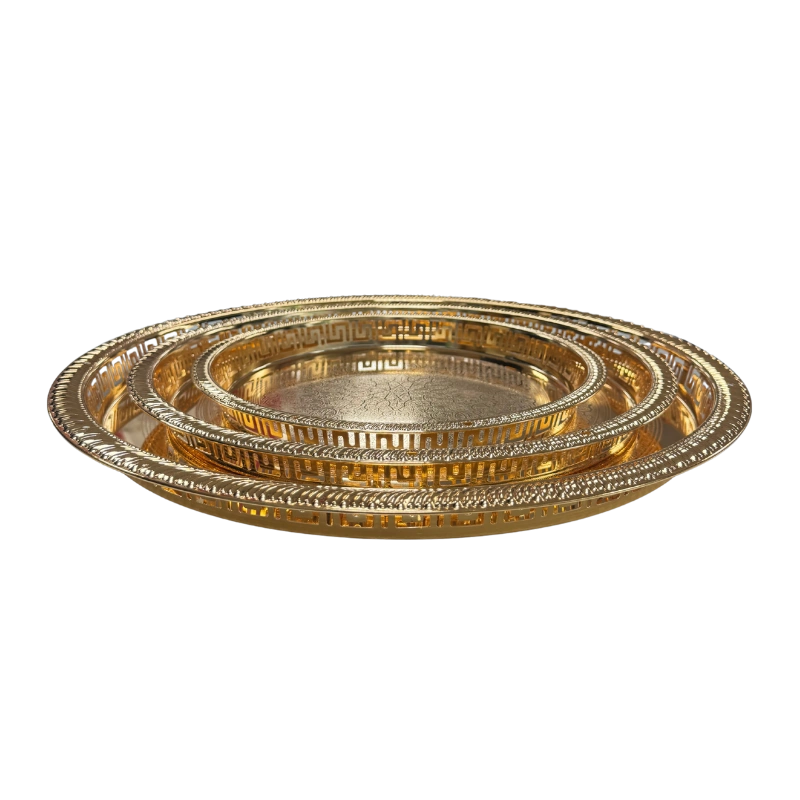 SAHARA 6604-AXL/3FG/MH-97/B – Ensemble de 3 Plateaux Dorés Gravés avec Poignées Sculptées, Élégants et Robustes