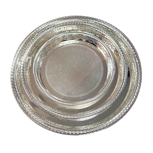 SAHARA 6604-AXL/3FS/MH-97/A – Ensemble de 3 Plateaux Argentés Gravés avec Poignées Sculptées, Élégants et Luxueux