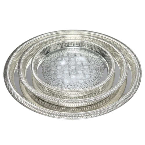 SAHARA 6604-AXL/3FS/MH-97/B – Ensemble de 3 Plateaux Argentés Gravés avec Poignées Sculptées, Élégants et Durables