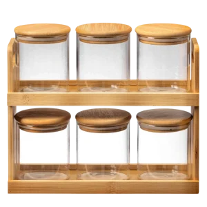 Set à Épices en Verre avec Support en Bambou – 6 Pots Hermétiques MH-H3385 | Design Naturel et Pratique