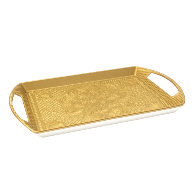 FVR-003-11 Plateau en Plastique Doré – Plateau Rectangulaire Élégant avec Poignées pour Service et Décoration