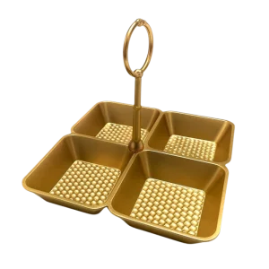 FVR-035-11 Présentoir en Plastique Doré – Plateau de Présentation Élégant à 4 Compartiments avec Poignée Centrale