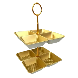 FVR-033-11 Présentoir en Plastique Doré à Deux Niveaux – Plateau de Service Élégant à 8 Compartiments pour Apéritifs et Desserts