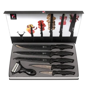 KENZ KZ-XFT6485 Set de Couteaux 6 Pièces avec Éplucheur – Couteaux de Cuisine Professionnels Antiadhésifs avec Lames Revêtues