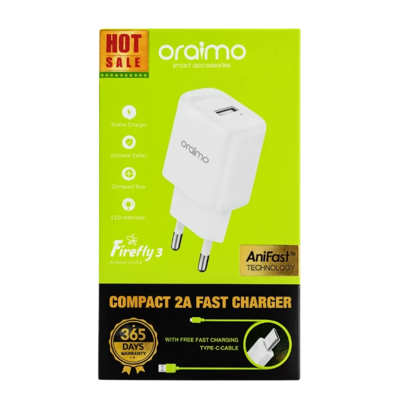 oraimo OCW-E66SC53 – Chargeur mural compact 10 W + câble Type-C 1 m, Charge fiable & Sécurité intégrée – Image 3