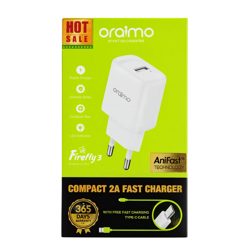 oraimo OCW-E66SC53 – Chargeur mural compact 10 W + câble Type-C 1 m, Charge fiable & Sécurité intégrée – Image 3