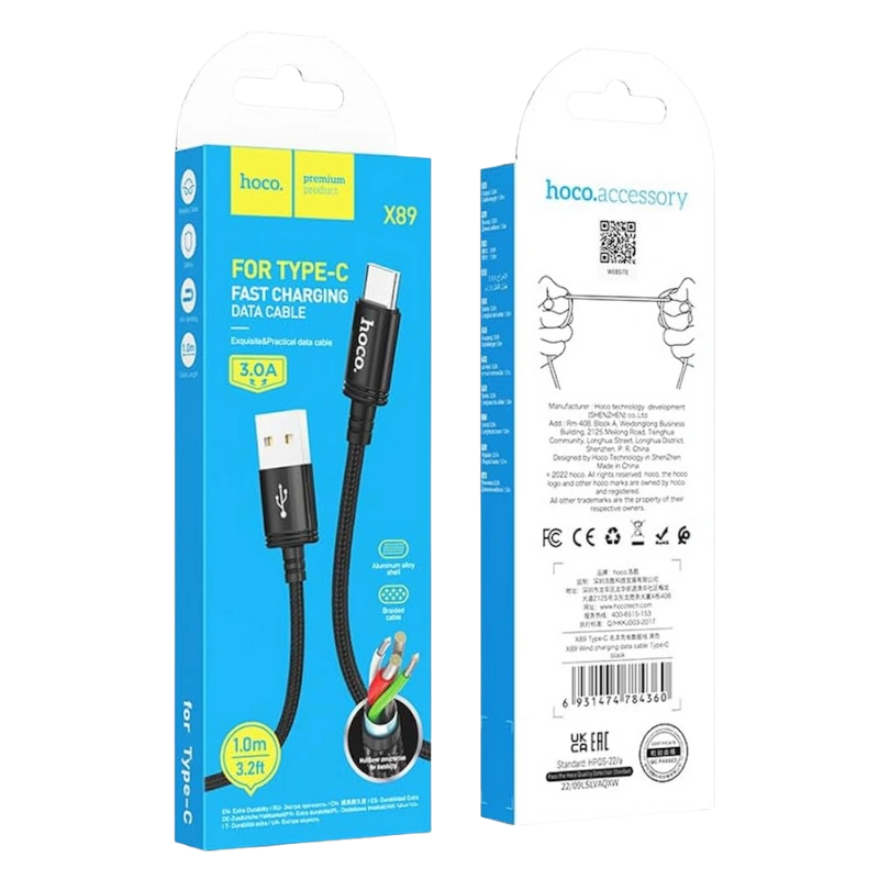 HOCO X89 Wind Câble USB à USB-C (3 A, Gaine Nylon Tressée, Connecteurs Alliage Aluminium) – Image 2