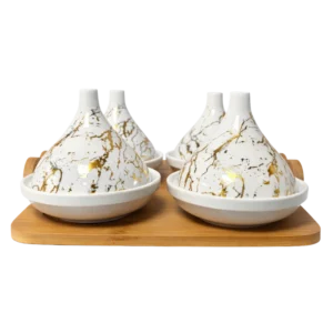 YR-A148W Tajine 4 Marbre Blanc & Doré – Set 4 Pièces avec Plateau