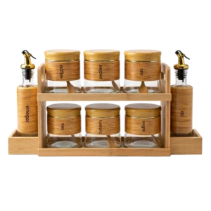 Service  AT-408-ZS à Épices en Verre et Bois – 8 Pièces avec Support
