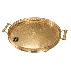 AT-6606-LL-1FG Plateau Rond Doré Motif Marocain avec Poignées