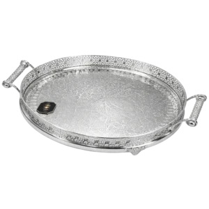 AT-6606-LL-1FS Plateau Rond Argenté Motif Marocain avec P... - Produit Electromax Maroc
